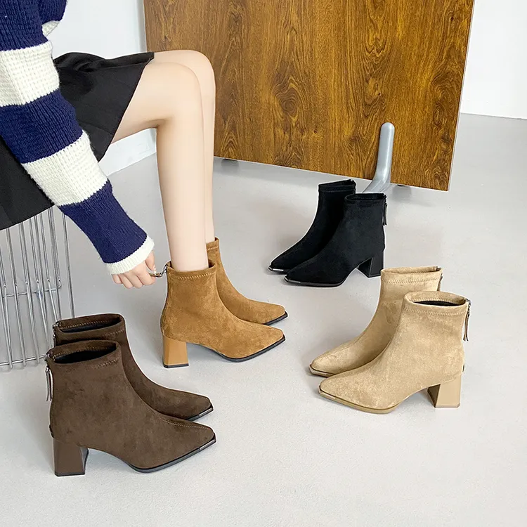 法式女粗跟2025秋冬新款时尚瘦瘦靴英伦风尖头中高跟绒面短筒短靴