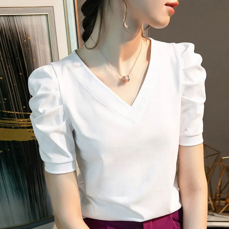 法式V领短袖t恤女2026年夏季新款泡泡袖显瘦别致褶皱半袖洋气上衣