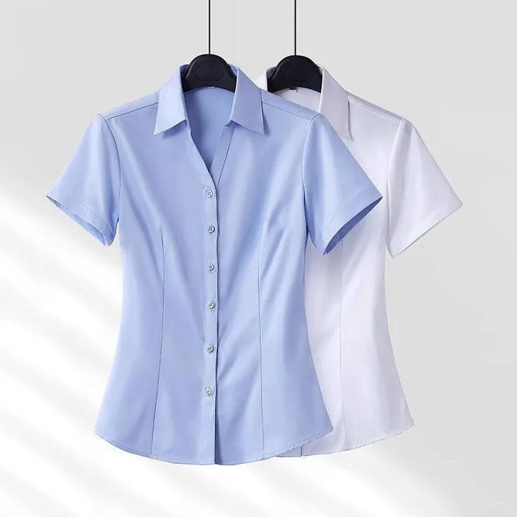 卡洛莱春夏白色衬衫女职业装短袖面试工作服修身显瘦通勤长袖衬衣