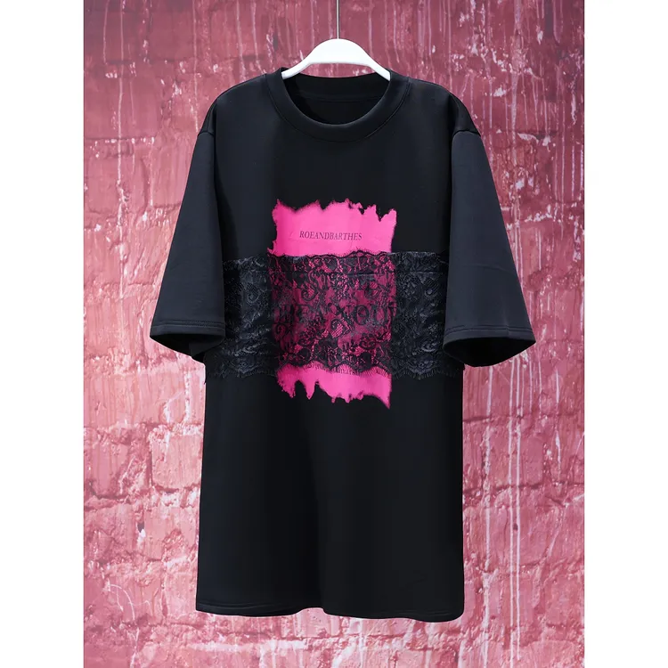 【韩哥女装】冰凉一夏《如晦》极黑印花蕾丝绣时尚大版T恤6925A
