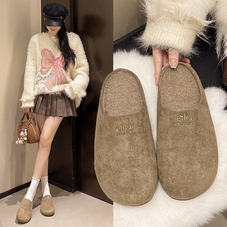 厚底加绒保暖勃肯鞋包头半拖毛毛拖鞋女外穿2025新款秋冬季棉拖鞋