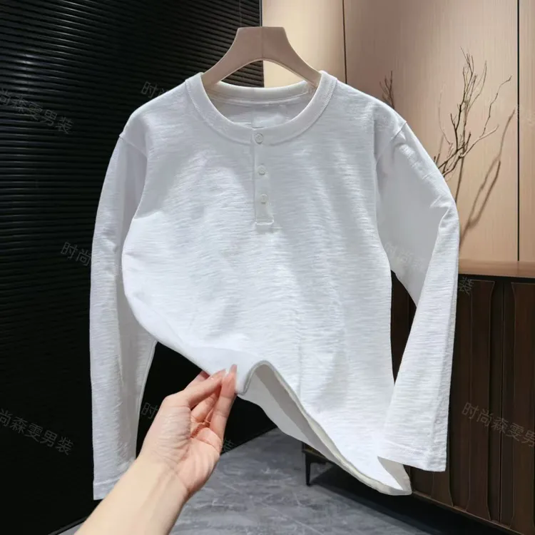 秋冬简约纯色内搭长袖打底衫纽扣品质潮流T恤