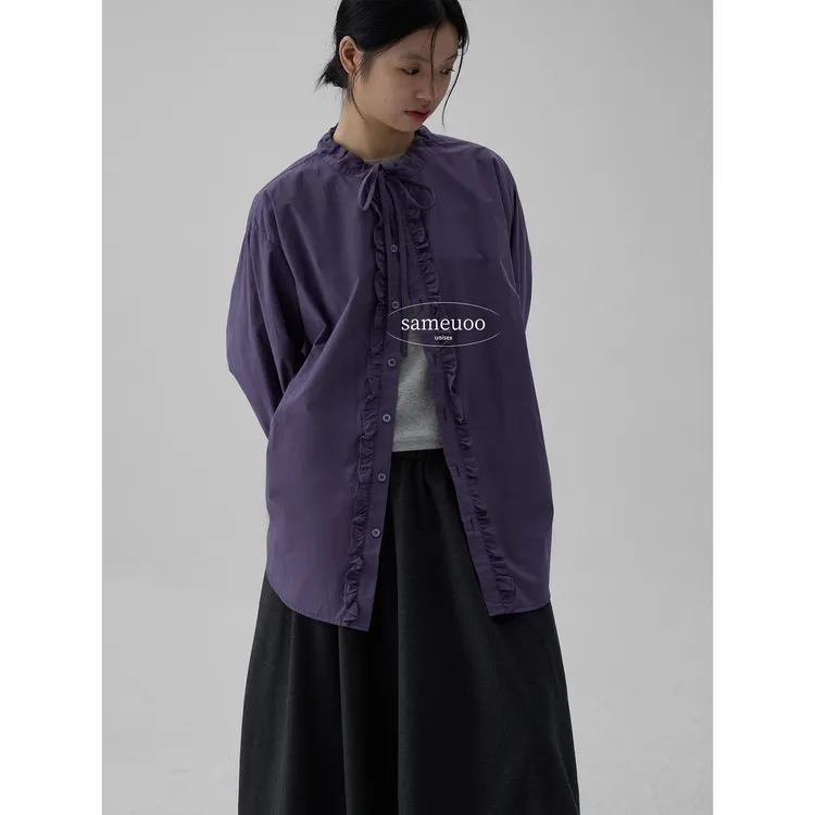sameuoo  日系高级度假木耳花边系带长袖休闲宽松春秋纯色衬衫