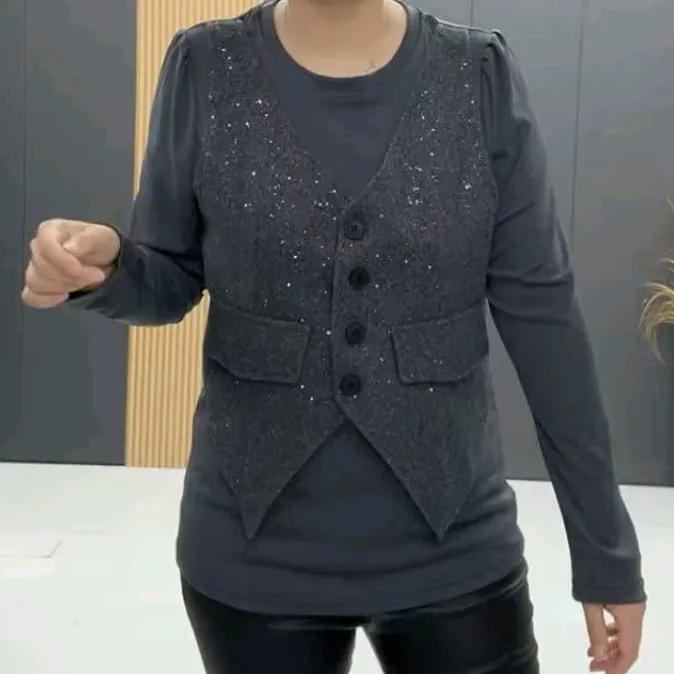 梦梦家9029款时尚洋气减龄休闲百搭秋季圆领拼接长袖衫