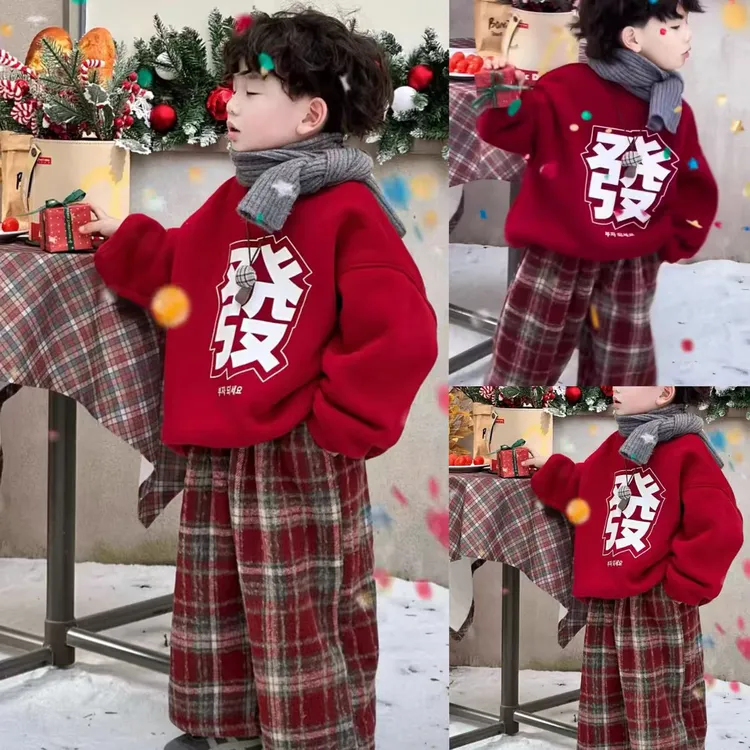 男童冬季加绒套装拜年服新款酷帅小童儿童套装男2025新款爆款洋气
