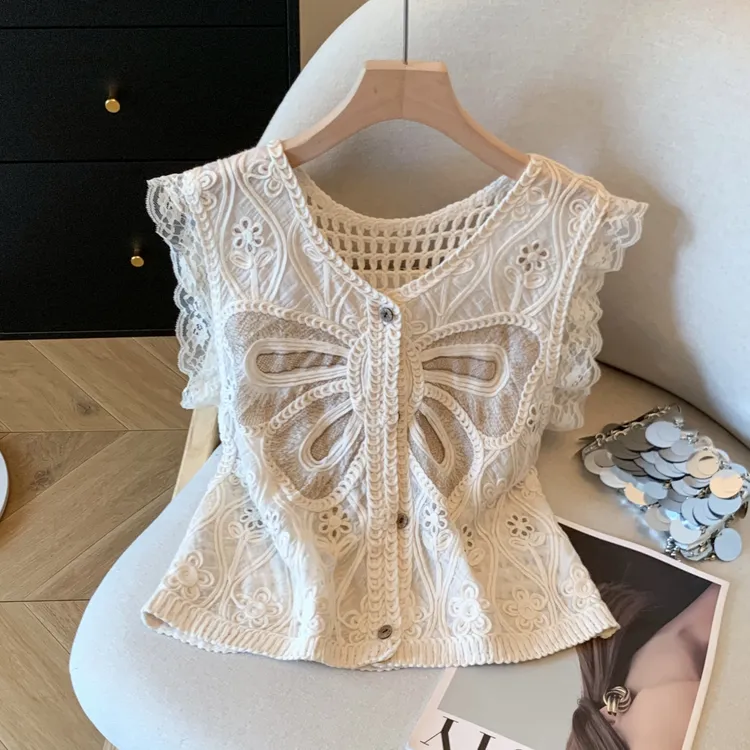 2025夏季新款法式重工刺绣钩花镂空无袖蕾丝针织背心外穿上衣服女