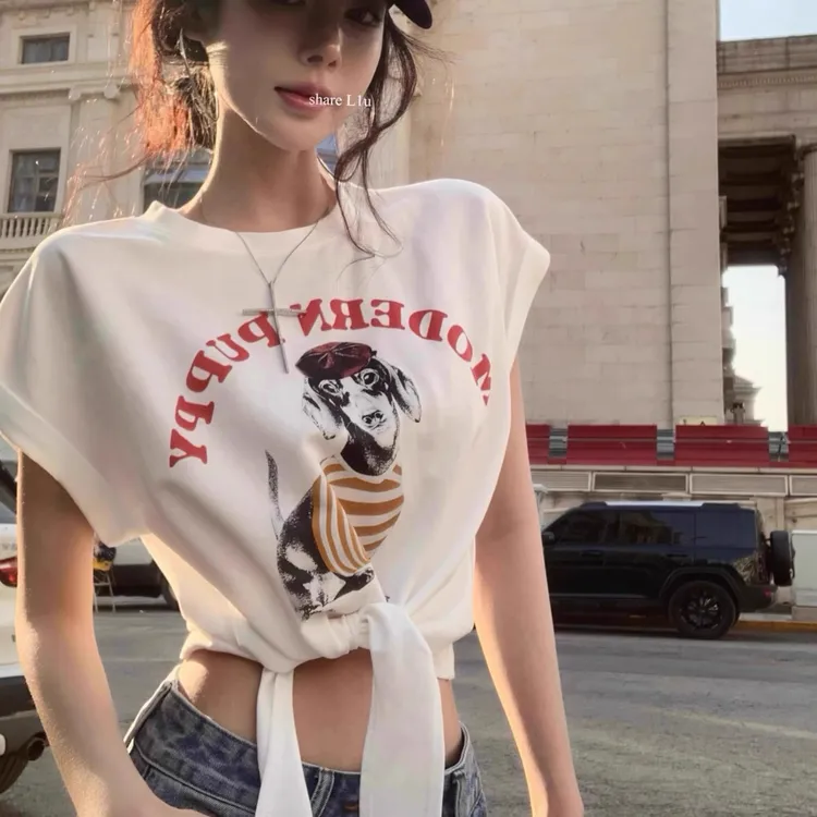 欧美甜辣y2k女团印花短袖T恤爵士舞服装jazz跳舞短款绑带显瘦上衣