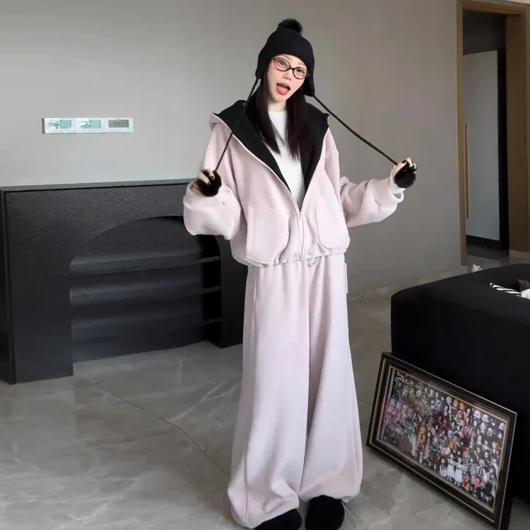 休闲百搭运动服套装女秋冬季时尚加绒加厚宽松时尚卫衣卫裤两件套