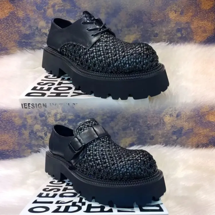 夏季男士德比鞋厚底增高男鞋透气轻便黑色潮鞋英伦风高端手工皮鞋