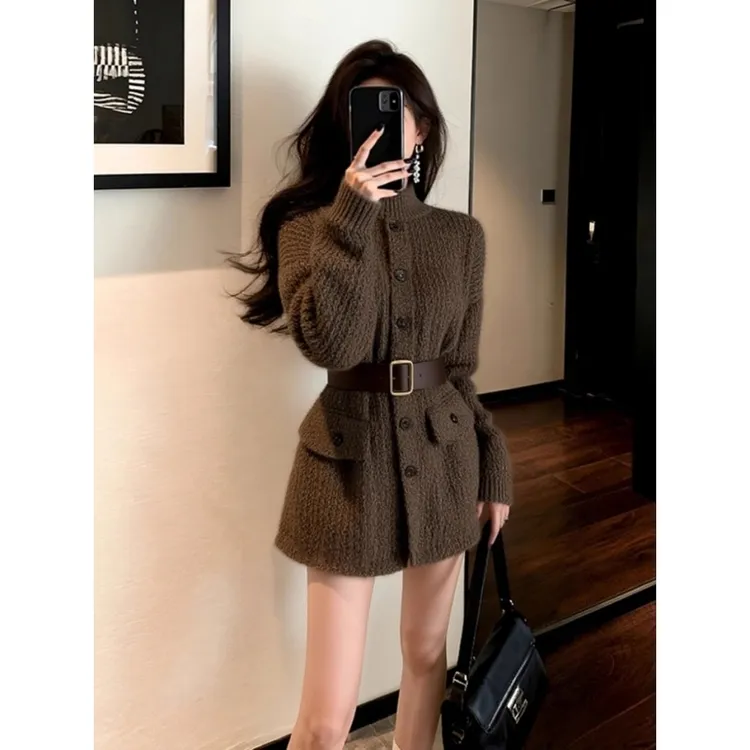 出席重要场合的裙子小个子气质收腰小香风立领咖色针织连衣裙女冬