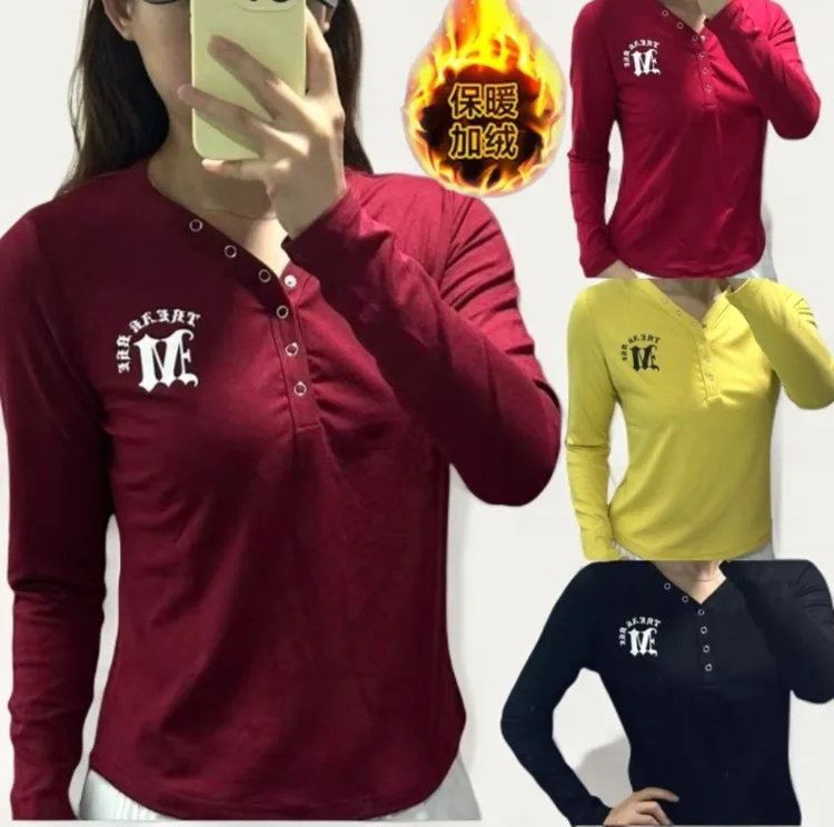 秋上新V领暗扣半开衫加绒长袖修身显瘦时尚百搭高弹力棉上衣