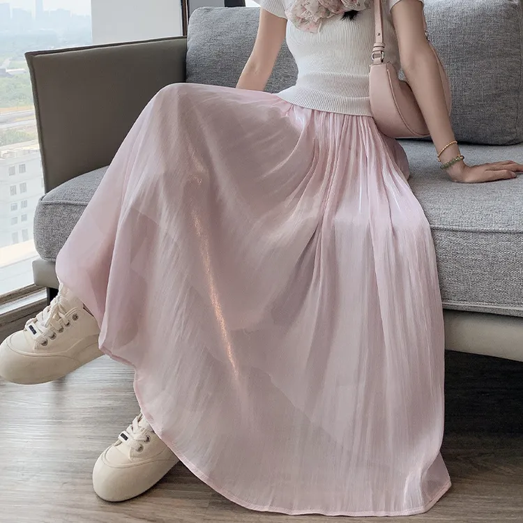 纯色流光纱半身裙女夏高腰显瘦a字亮丝裙子法式气质百褶皱中长裙