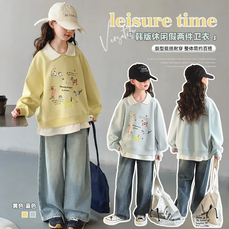 女童卫衣假两件春装新款2025中大童洋气休闲上衣潮时髦儿童打底衫