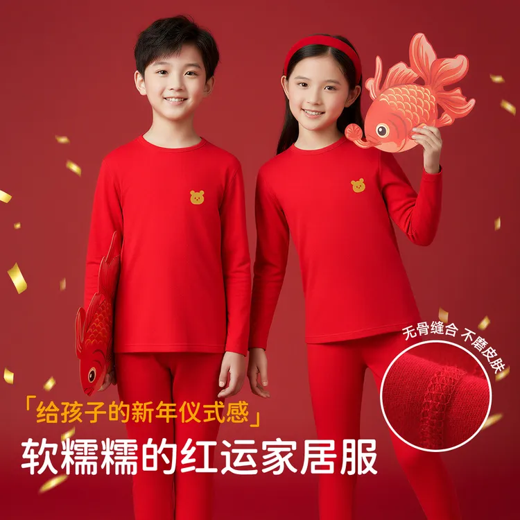 棉致儿童大红秋衣秋裤纯棉男童女童长袖本命新年套装全棉保暖睡衣
