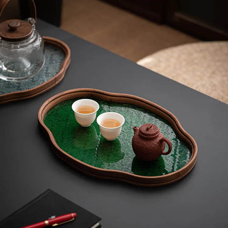 玻璃茶托盘日式海棠花复古竹制茶盘简约家用茶室水果点心盘收纳盘