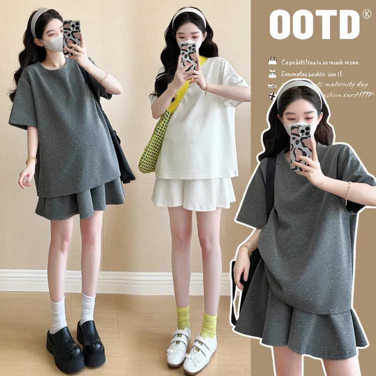 孕妇装新款夏装时尚亮钻短袖T恤裤裙孕妇套装两件套