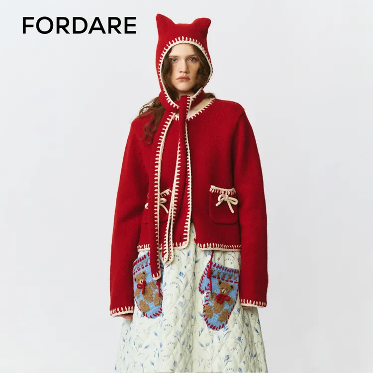 FORDARE 福蝶 25冬季新品 可拆卸立体耳朵围巾连帽开衫1553 1554