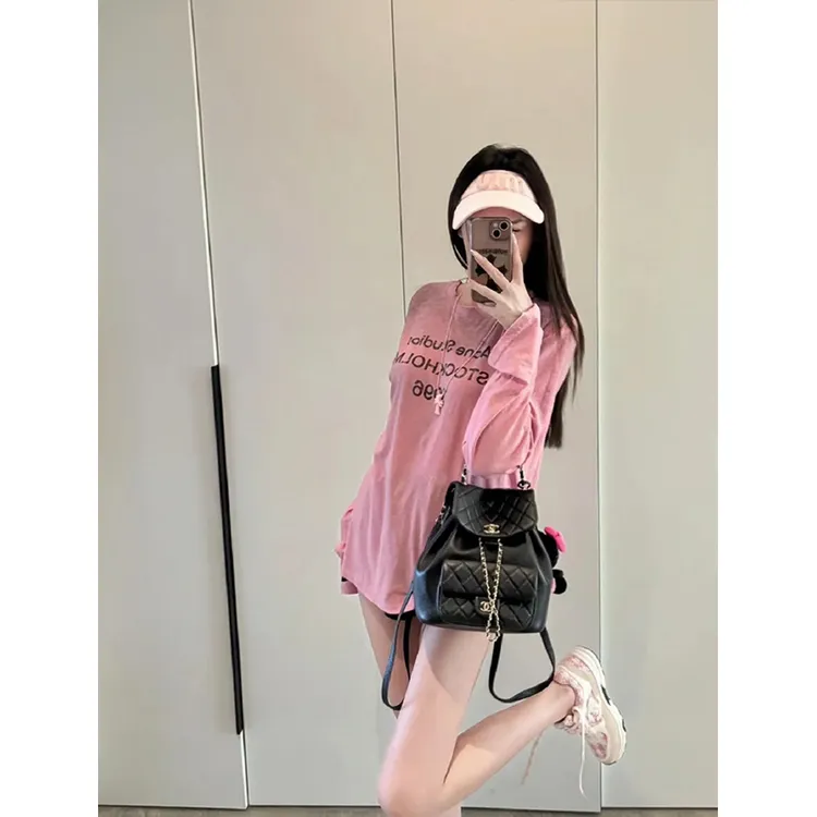 【艾米妈妈优选】做旧脏染色喷绘印花字母烫钻休闲T恤慵懒长袖上衣