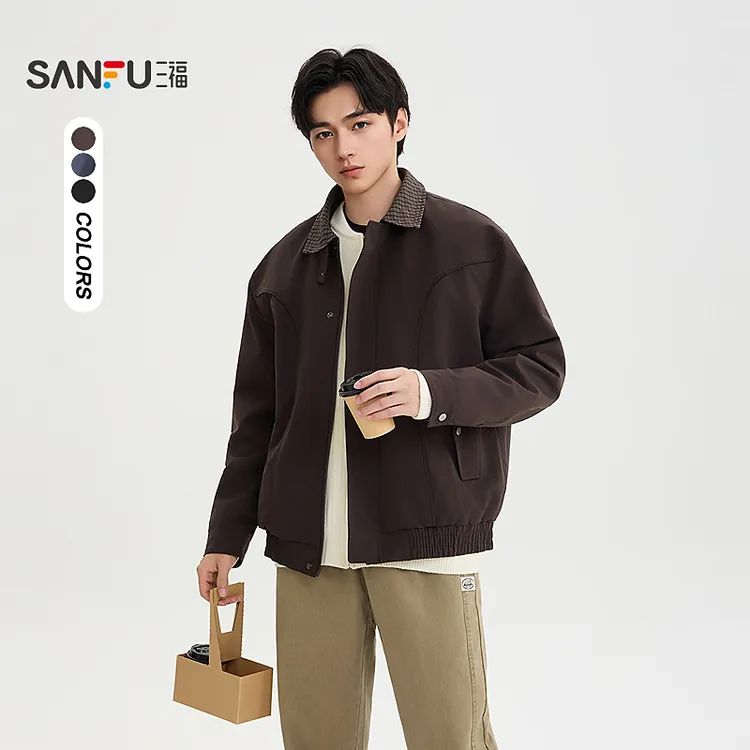 SANFU/三福男秋冬格子翻领工装复古时尚哈林顿夹克百搭外套510334