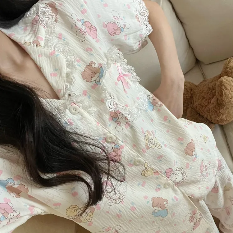 姬纤妙云朵棉三件套睡衣少女夏季短袖短裤长裤家居服日系ins套装