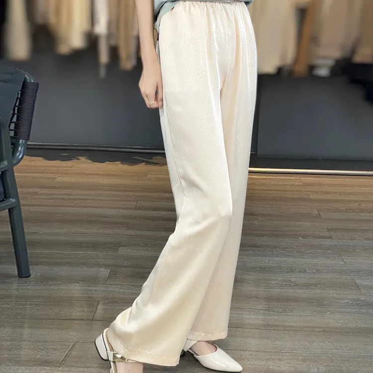 新款阔腿裤女夏仿真丝缎面高腰垂感显瘦休闲拖地长裤松紧腰直筒裤