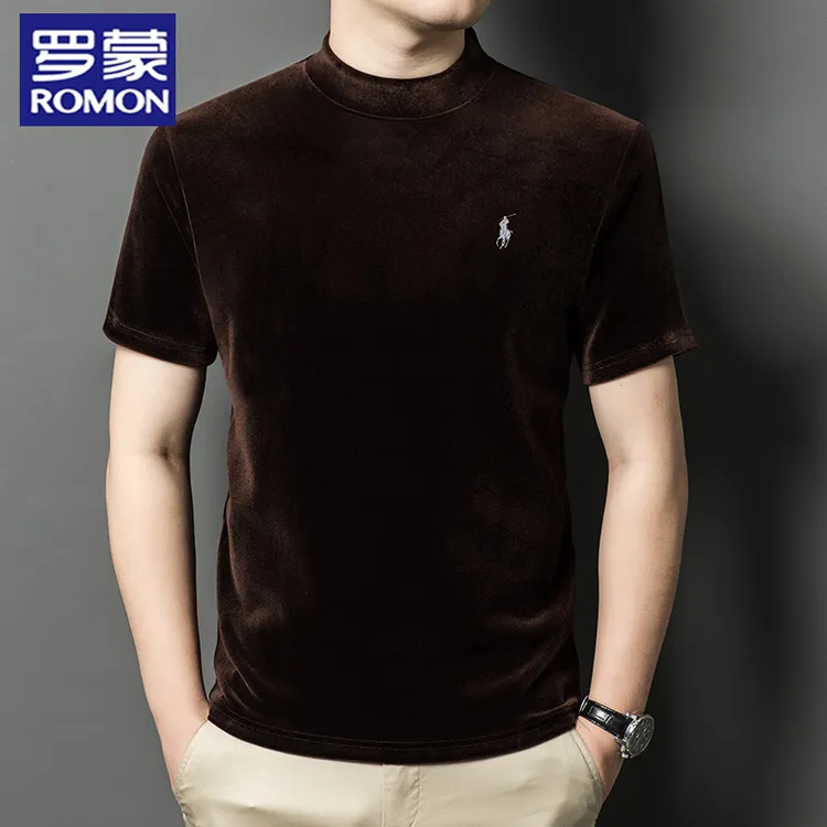 罗蒙高端金丝绒短袖保暖加厚半高领打底衫男装秋冬季内搭半袖卫衣