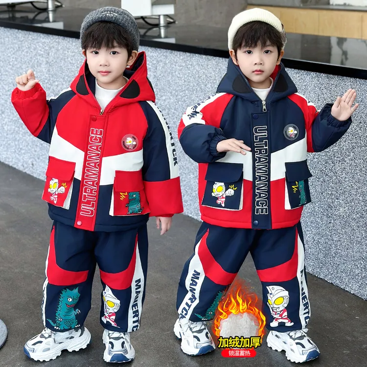 男童加绒加厚套装男卡通动漫冬款奥特曼套装保暖蓄热运动洋气男孩