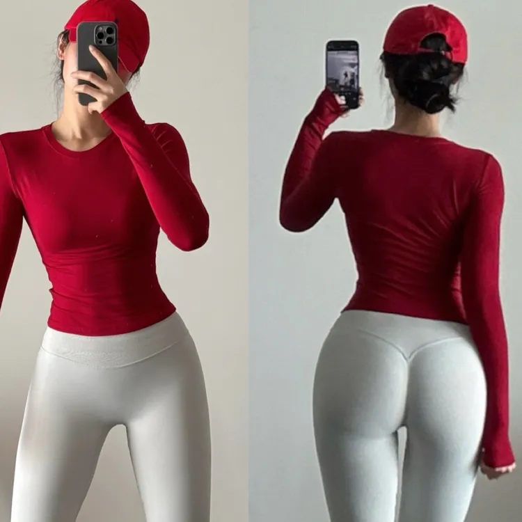 雨芯同款-辣妹掐腰正肩运动修身性感紧身显瘦时尚长袖上衣打底衫