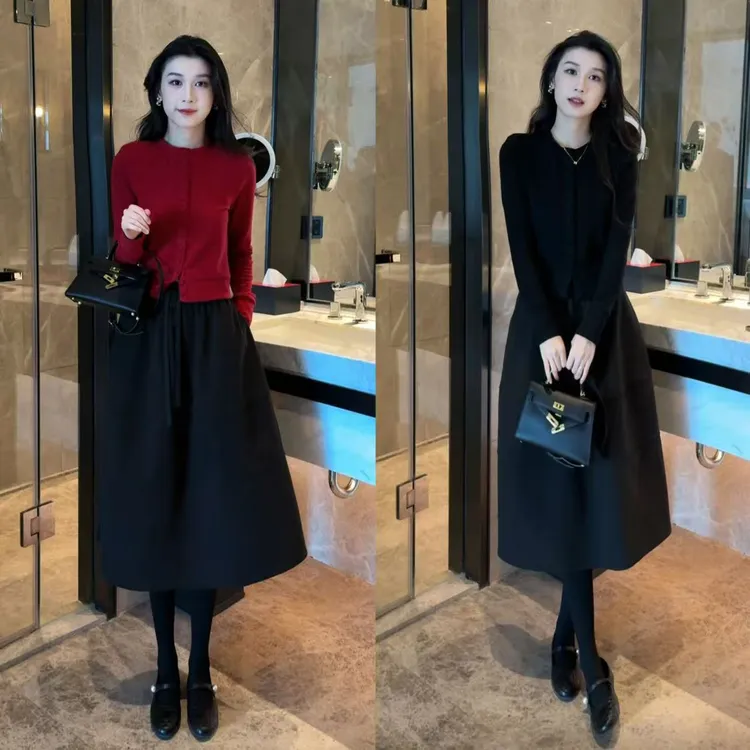 韩女法则秋冬纽扣显瘦开衫+抽绳遮肉加厚花苞裙套装