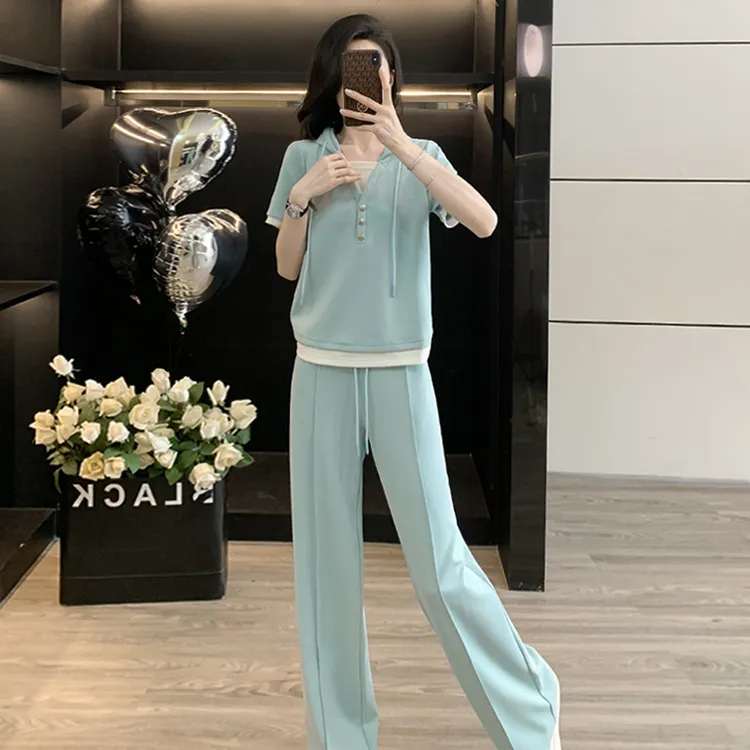 韩版时尚休闲套装女夏季新款高级感显瘦连帽卫衣阔腿裤运动两件套