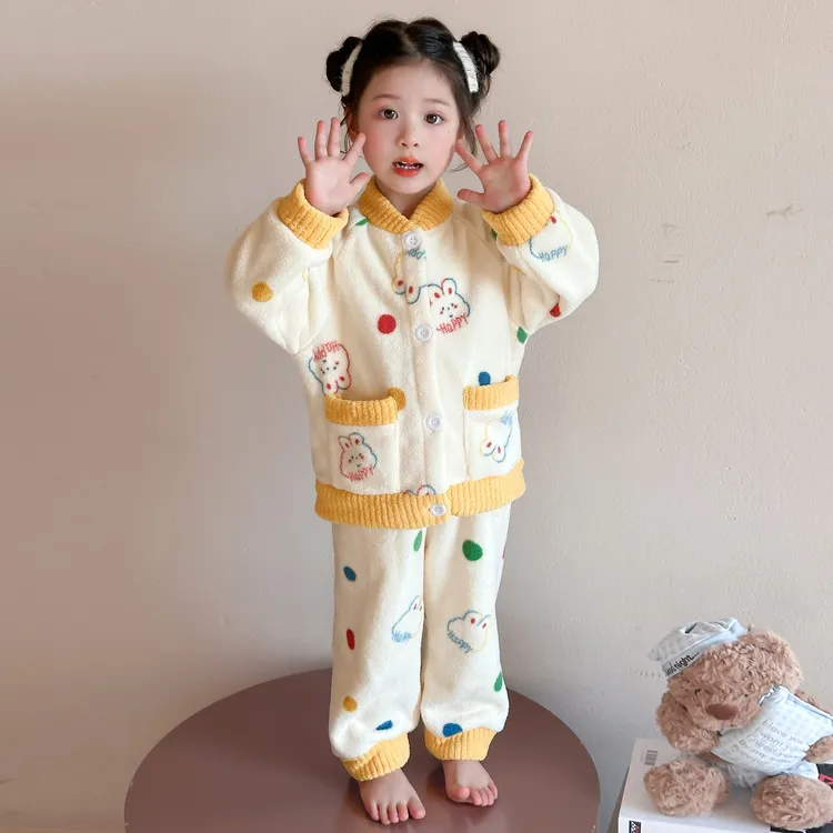 女童睡衣秋冬款雪粒绒套装2025新款女宝珊瑚绒家居服加厚保暖冬季