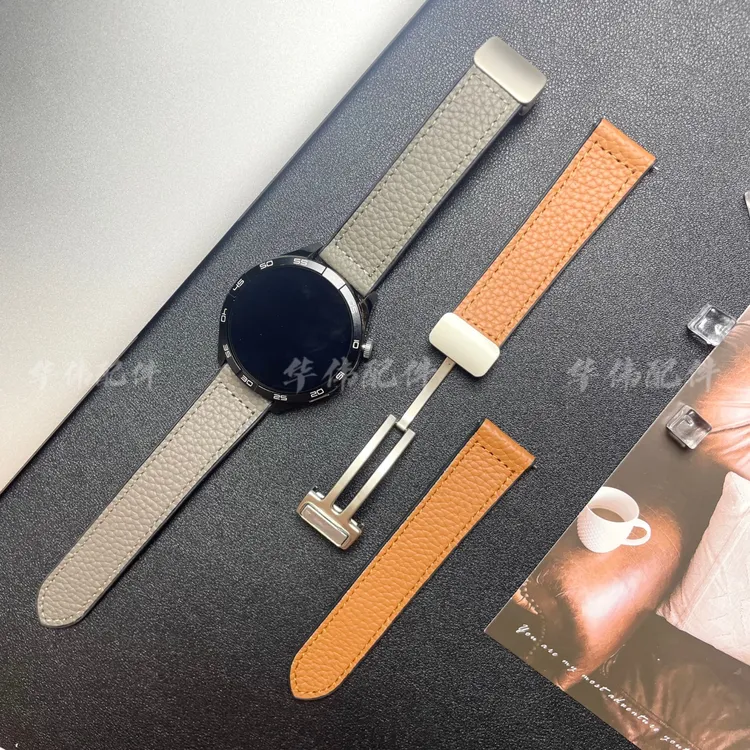 【表带】适用华为GT6荔枝纹真皮硅胶拼皮watch4pro贴皮表带磁吸GT5