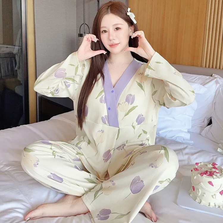 带胸垫哺乳孕妇睡衣夏季薄款产后产妇月子服春秋家居服8-11月份
