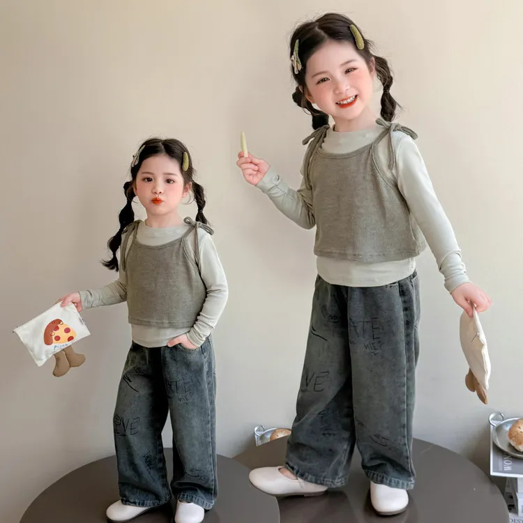 女童秋装牛仔裤休闲三件套韩版纯色女宝春秋洋气长袖百搭外穿T恤
