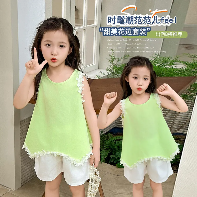 女童夏季套装韩版无袖衬衫中大童不规则洋气娃娃衫上衣短裤两件套