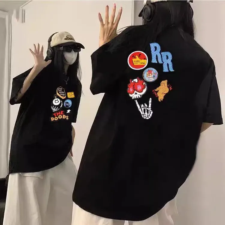 复古美式重磅街头徽章刺绣短袖新款T恤男女高街情侣潮流女款上衣