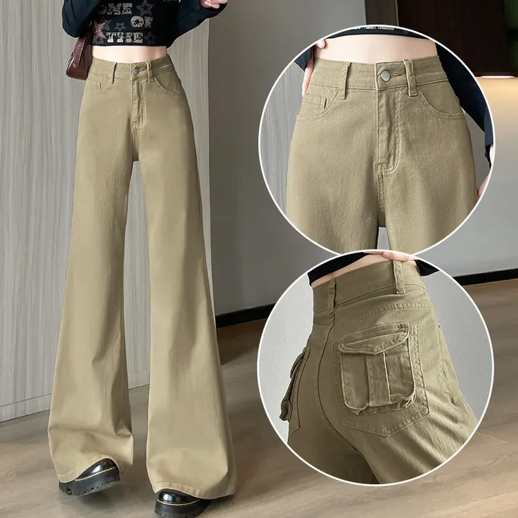 蜜蜜穿搭卡其色工装微喇牛仔裤女秋冬季高腰美式弹力休闲喇叭裤子