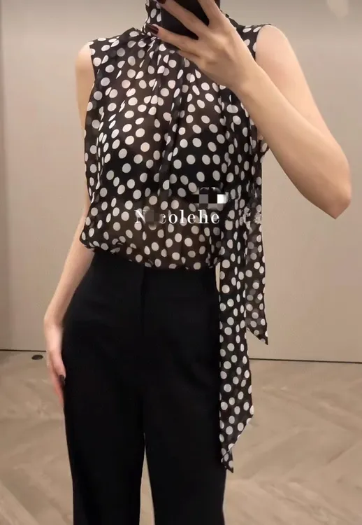 淑女气质飘带真丝衬衫女纯色无袖设计感小众桑蚕丝微透朦胧上衣夏