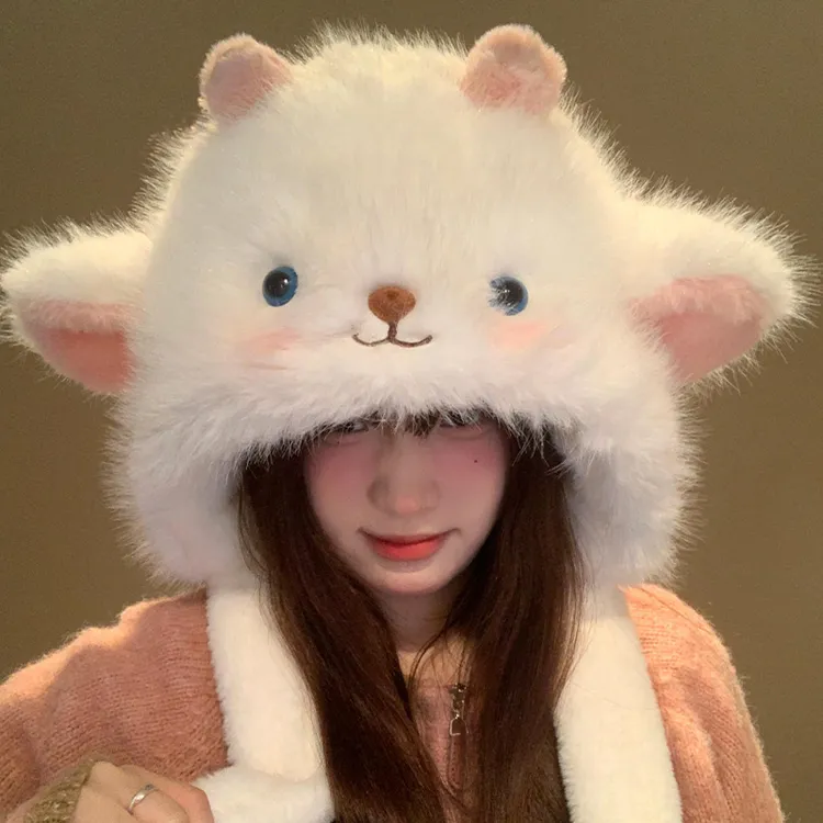 可爱腮红小羊毛绒帽子女冬季2024新款耳朵会动加厚保暖护耳雷锋帽