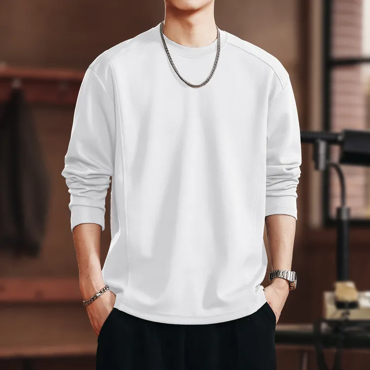 格蓝鹿美式重磅基础款白色长袖T恤男2025秋季新款宽松保暖打底衫
