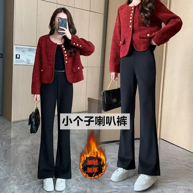 冬季上新加绒加厚小个子微喇叭裤女高腰弹力显瘦百搭九分休闲裤子
