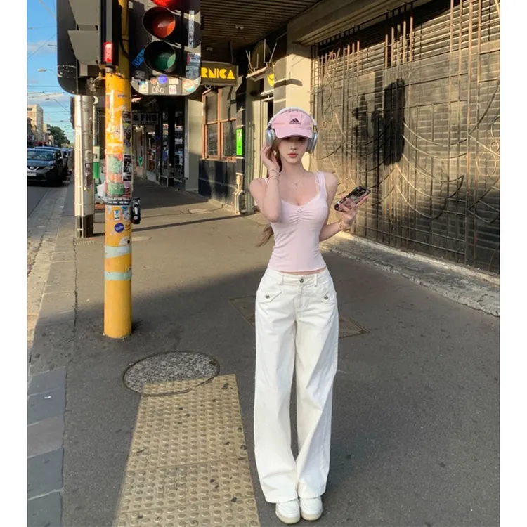 【落日蜜糖】chic网红少女感小花边背心吊带配显瘦百搭直筒牛仔裤女