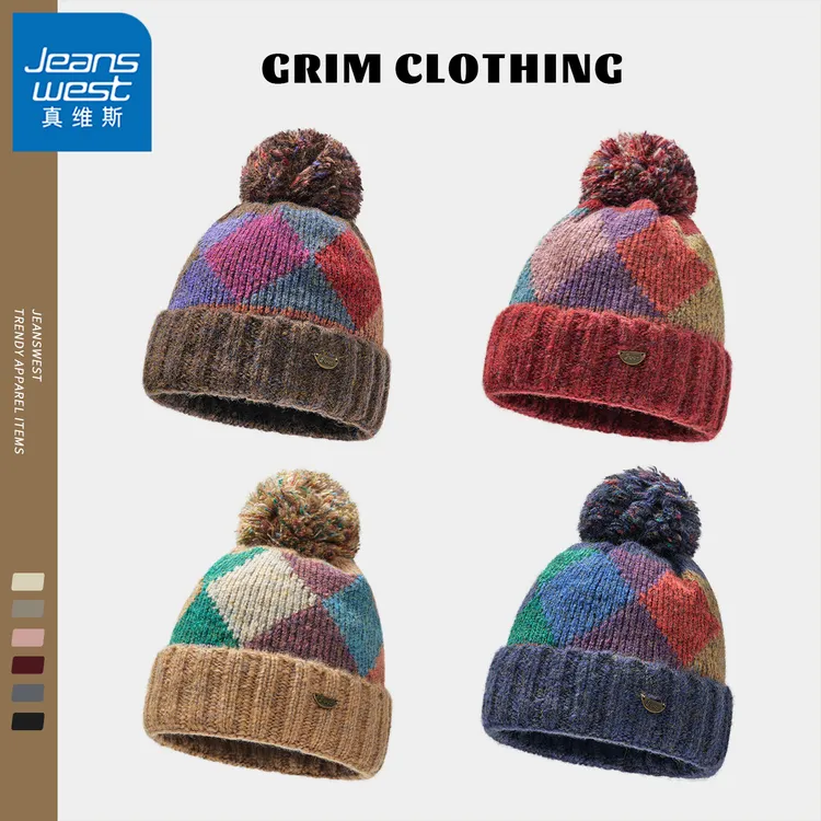 真维斯复古针织帽女秋冬菱格大头围护耳保暖帽子双层保暖毛线帽子