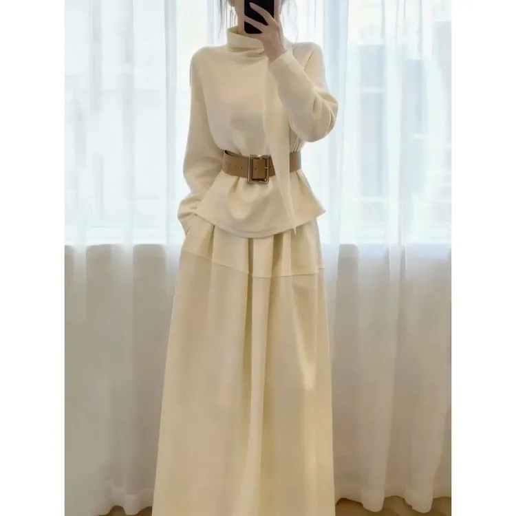 高级感气质纯色裙套装2025冬季新款减龄保暖高领休闲上衣+半身裙