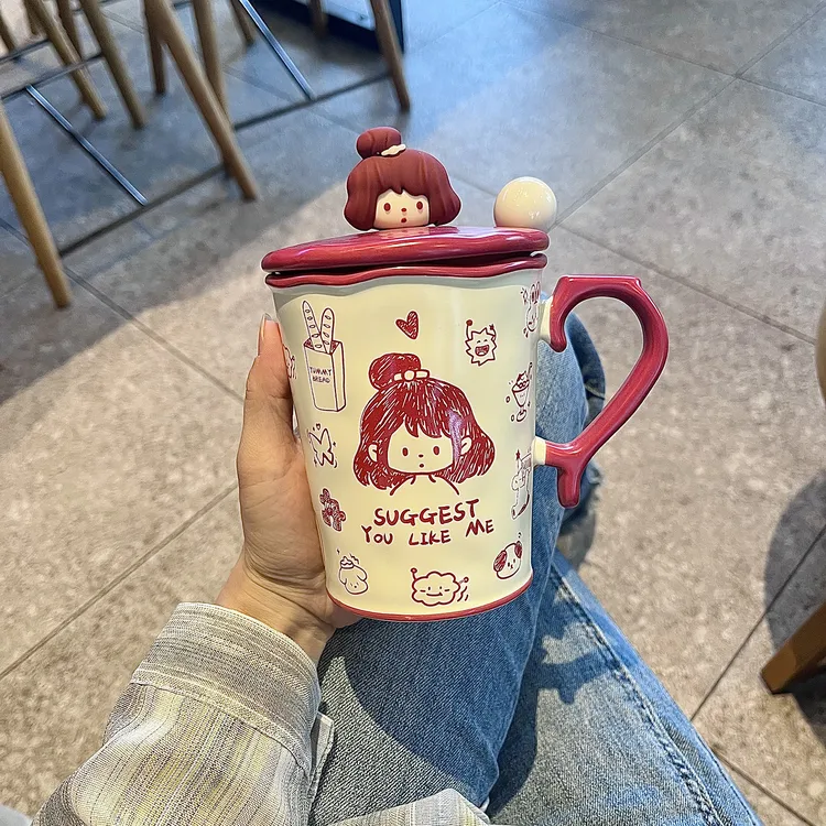 马克杯带盖勺高颜值ins风陶瓷杯子大容量情侣水杯一家四口早餐杯
