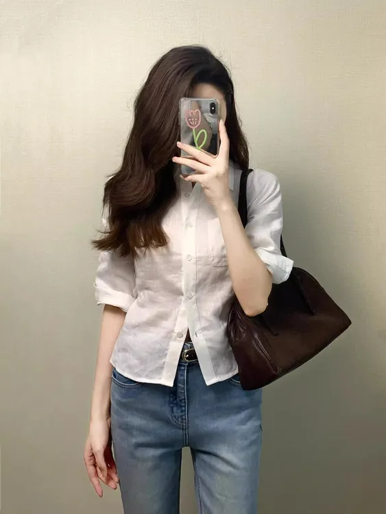 韩系白色亚麻修身衬衫女夏2025收腰显瘦衬衣百搭中袖防晒上衣外套