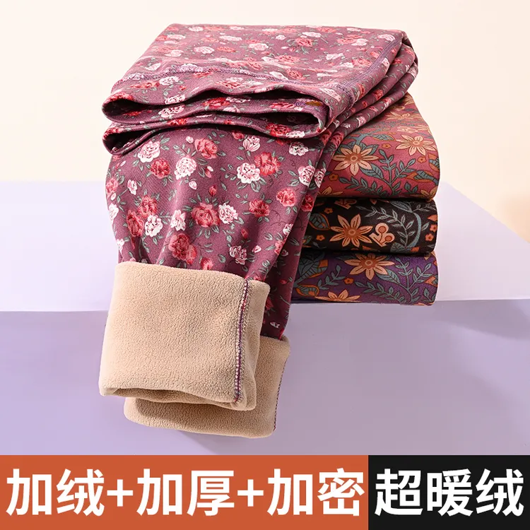 妈妈保暖裤加绒加厚中老年人打底裤大码冬季外穿保暖裤高腰花棉裤