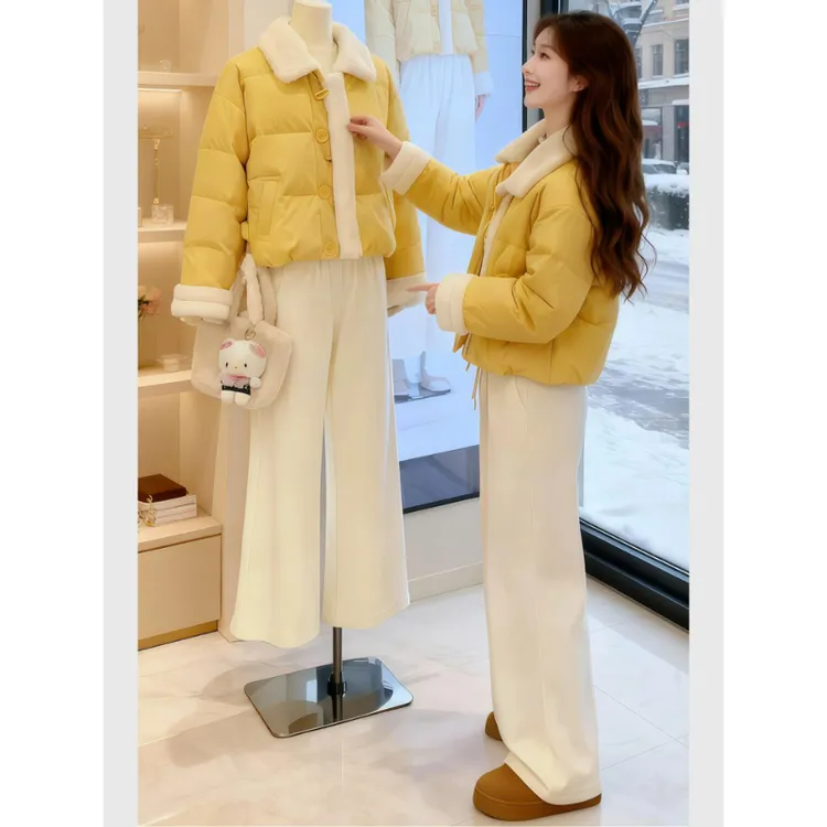 巨好看的两件套冬装女2025新款翻领拼接短款棉服休闲直筒长裤套装