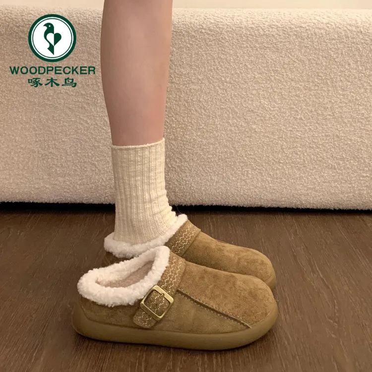 啄木鸟勃肯鞋女2025新款秋冬季厚底包头半拖鞋外穿加绒保暖棉鞋子