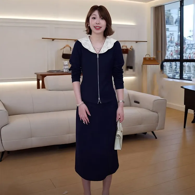女秋时尚气质套装裙知性温柔风娃娃领领开衫拉链上衣中长裙两件套